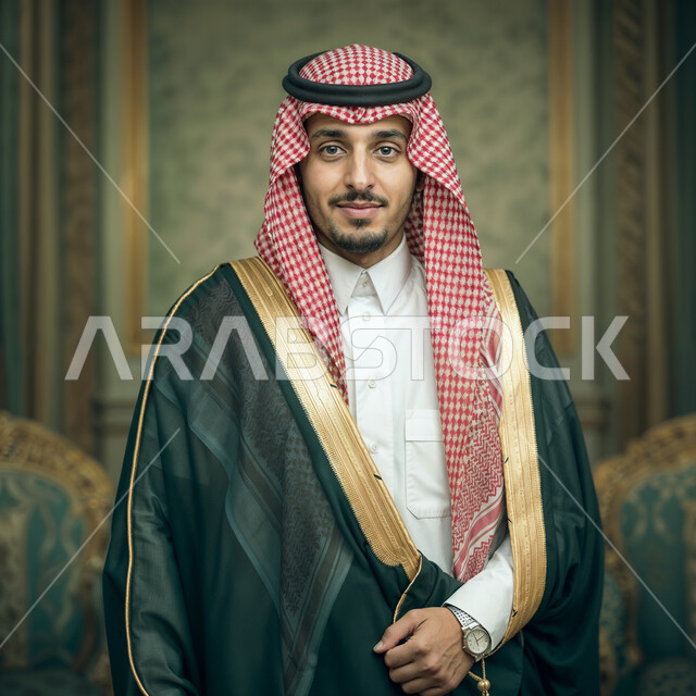 Concern about one's appearance, the concept of masculinity and elegance, expressions of confidence and self-esteem, a Saudi Arabian Gulf man wearing the traditional bisht and shemagh looks at the camera with gestures of happiness and pleasure