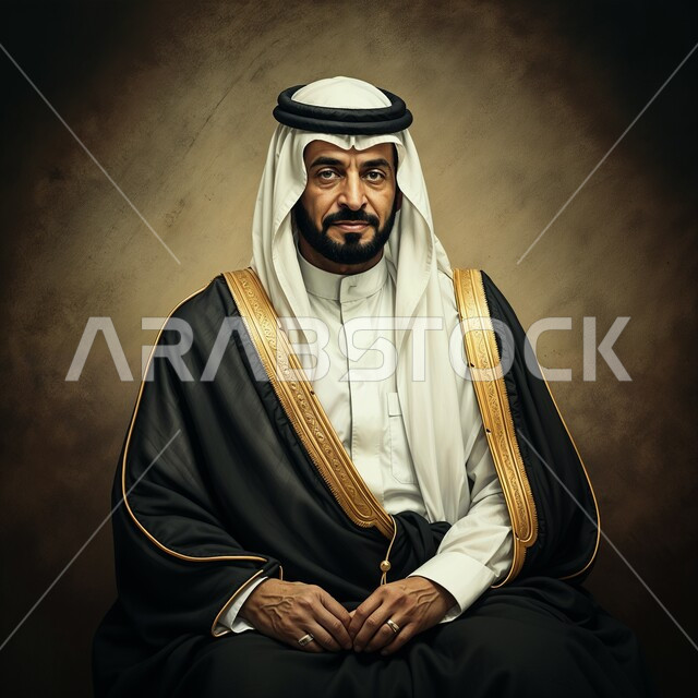 The concept of masculinity and elegance, interest in external appearance, expressions of confidence and self-esteem, portrait of a Saudi Arabian Gulf man wearing the traditional bisht and shemagh looking at the camera with gestures of happiness and pleasure, brown background