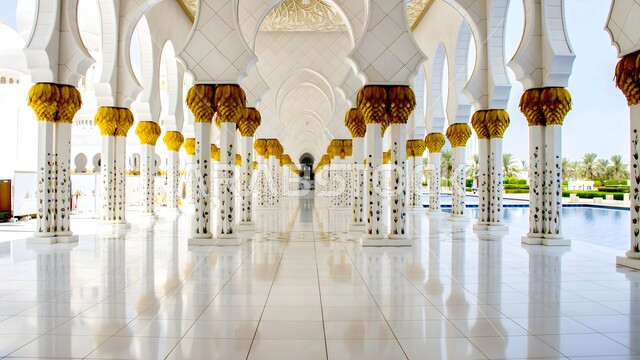 نداء المسلمين لأداء العبادات، معالم إسلامية مقدسة, الفن الهندسي المعماري لبناء مساجد الإمارات، الساحة الخارجية لمسجد الشيخ زايد الكبير المبني على الطراز الإسلامي في أبوظبي، العبادة والتقرب إلى الله تعالى, التطور والتقدم العمراني الإماراتي