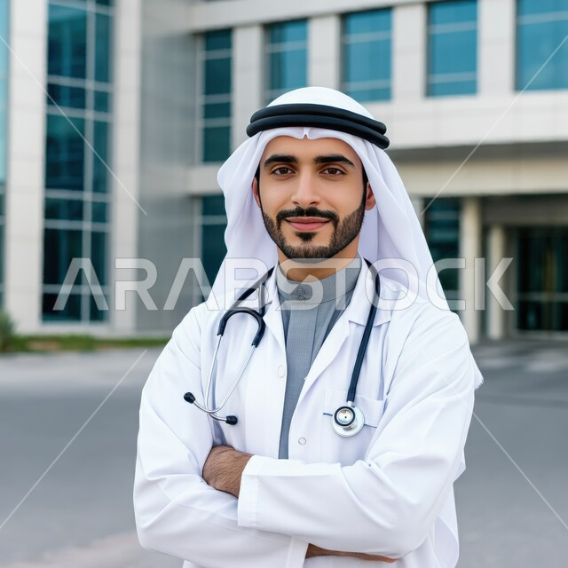 النظر إلى الكاميرا بتعابير الثقة بالنفس, تقديم الخدمات العلاجية والفحوصات الطبية للمرضى, العمل في القطاع السعودي الصحي, صورة مقربة لطبيب عربي خليجي سعودي مبتسم يرتدي المعطف الطبي الأبيض والغترة ويضع سماعة الفحص يقف باستقامة في المشفى بإيماءات أيدي متقاطعة,
