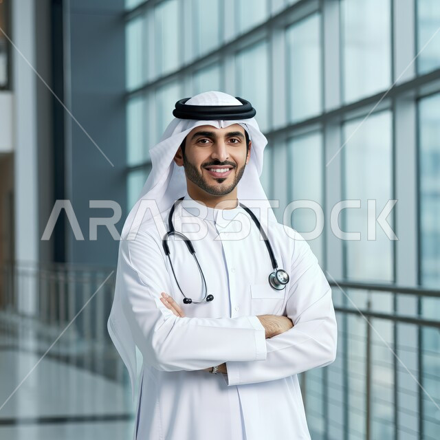 Providing medical services and medical examinations to patients, working in the Saudi health sector, close-up of a smiling Arab Gulf Saudi doctor wearing a white medical coat and a stethoscope standing straight in the hospital with crossed hands gestures, looking at the camera with a confident expression, white background