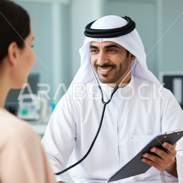 حسن التعامل مع المراجعين، إعداد التقارير وتقديم الخدمات الصحية، طبيب عربي خليجي سعودي يرتدي المعطف الطبي الأبيض والغترة يضع السماعة الطبية ويقوم بفحص المريضة بايماءات البشاشة، العمل في القطاع الصحي في المملكة العربية السعودية