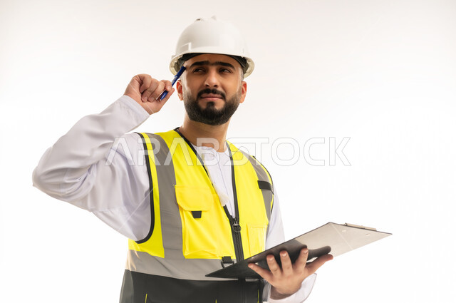 Writing, taking notes and recording important notes, ensuring that work is proceeding properly and correctly, managing business and keeping up with the latest developments, close-up portrait of an Arab Gulf Omani engineer wearing a dishdasha, jacket and protective helmet holding a file in his hand and thinking with concentration gestures, white background