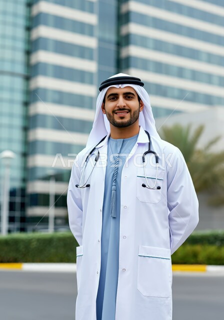 النظر إلى الكاميرا بتعابير الثقة بالنفس, تقديم الخدمات العلاجية والفحوصات الطبية للمرضى, العمل في القطاع الإماراتي الصحي, طبيب عربي خليجي إماراتي مبتسم يرتدي المعطف الطبي الأبيض والغترة ويضع سماعة الفحص حول عنقه يقف باستقامة في المشفى