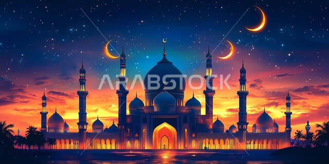 نداء المسلمين لأداء الفرائض والصلوات, مفهوم العبادة والتقرب إلى الله تعالى, الفن الهندسي المعماري لبناء المساجد على الطراز العربي الإسلامي, التصاميم المميزة للقبب والمآذن, خلفية القمر في السماء