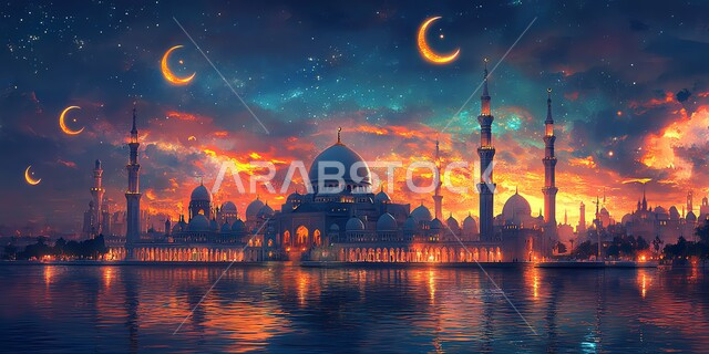 مفهوم العبادة والتقرب إلى الله تعالى, الفن الهندسي المعماري لبناء المساجد على الطراز العربي الإسلامي, التصاميم المميزة للقبب والمآذن, نداء المسلمين لأداء الفرائض والصلوات, خلفية القمر في السماء