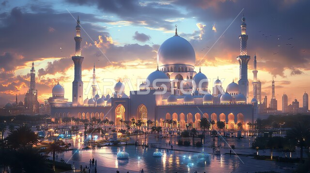 التصاميم المميزة للقبب والمآذن, نداء المسلمين لأداء الفرائض والصلوات, مفهوم العبادة والتقرب إلى الله تعالى, الفن الهندسي المعماري لبناء المساجد على الطراز العربي الإسلامي, خلفية الغيوم في السماء