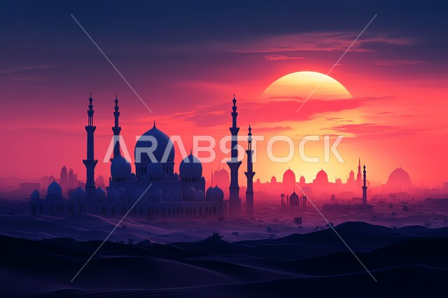 Calling Muslims to perform their duties and prayers, the concept of worship and drawing closer to God Almighty, the architectural engineering art of building mosques in the Arab-Islamic style, the distinctive designs of domes and minarets, the background of the moon in the sky