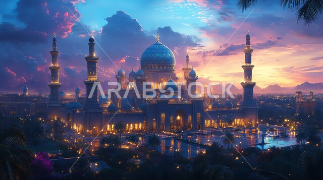 Architectural engineering art of building mosques in the Arab Islamic style, distinctive designs of domes and minarets, call for Muslims to perform religious duties and prayers, concept of worship and drawing closer to God Almighty, background of clouds in the sky