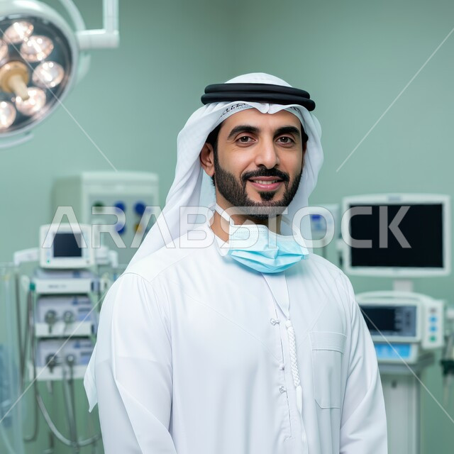 Providing medical services and examinations to patients, working in the UAE health sector, a smiling Emirati Gulf Arab doctor wearing a kandura and a ghutra and wearing a medical mask standing straight in a hospital room, looking at the camera with an expression of self-confidence