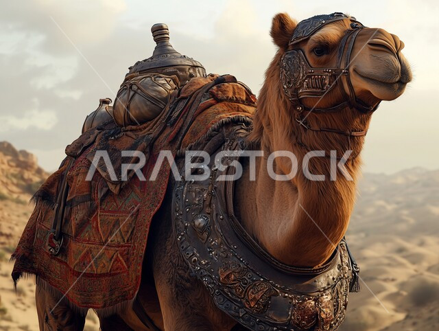 Camel standing on soft golden sand in the desert, Care and maintenance of mammals and livestock, Nature reserves for raising camels in desert areas, Sand formations and dunes, Camel farms in the deserts of Saudi Arabia