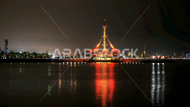 الفن الهندسي المعماري الحديث للأبراج وناطحات السحاب المطلة على الشاطئ في الليل، مناطق جذب السياح من شتى أنحاء العالم، موانئ ومرسى السفن في مارينا الكويت, الواجهة البحرية على ساحل الخليج العربي, التطور والتقدم العمراني على الطراز العصري