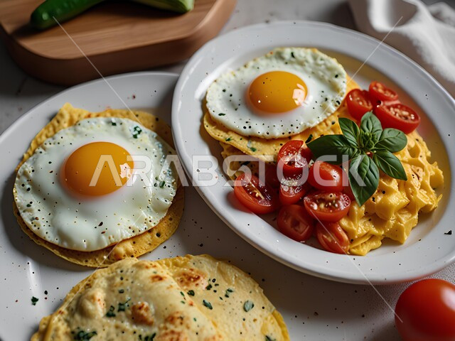 فنون تقديم الطعام في مطاعم المملكة العربية السعودية, أغذية ذات قيمة غذائية عالية, وجبات ومأكولات مغذية, الاومليت اللذيذ المليء بالبروتينات, وجبة فطور صباحية صحية وسريعة, صورة مقربة لطبق البيض المقلي مع الخضار