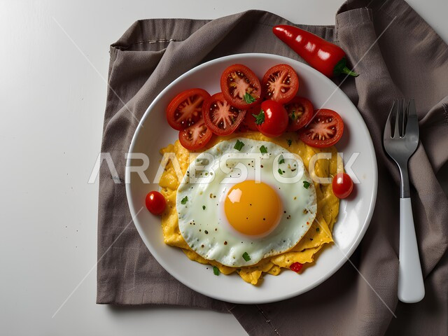 وجبة فطور صباحية صحية وسريعة, صورة مقربة لطبق البيض المقلي مع الخضار, فنون تقديم الطعام في مطاعم المملكة العربية السعودية, أغذية ذات قيمة غذائية عالية, وجبات ومأكولات مغذية, الاومليت اللذيذ المليء بالبروتينات