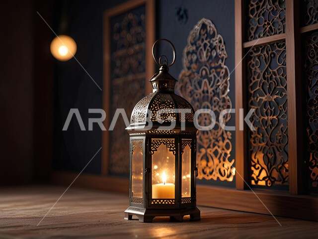 Traditional Arabic lamps and lights, Celebrating Islamic religious occasions, Joy of the coming of the blessed month of Ramadan, Decorations and accessories for the month of goodness, Decorative illuminated metal lanterns, Spiritual Ramadan atmosphere