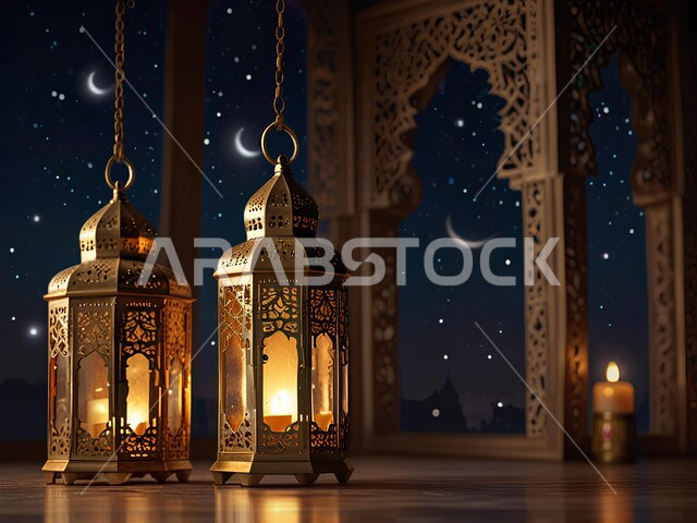 فوانيس معدنية مزخرفة مضيئة, الأجواء الرمضانية الروحانية, مصابيح وأنوار عربية تقليدية, الاحتفال بالمناسبات الدينية الإسلامية, البهجة بقدوم رمضان المبارك, زينة واكسسوارات شهر الخير