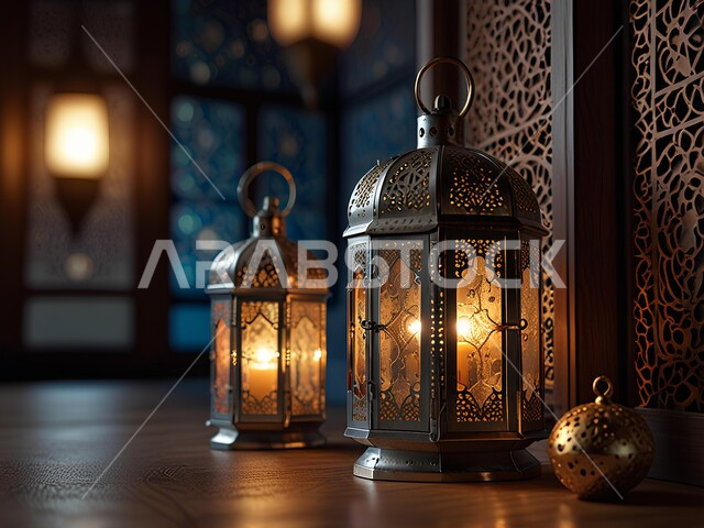 زينة واكسسوارات شهر الخير, فوانيس معدنية مزخرفة مضيئة, الأجواء الرمضانية الروحانية, مصابيح وأنوار عربية تقليدية, الاحتفال بالمناسبات الدينية الإسلامية, البهجة بقدوم رمضان المبارك