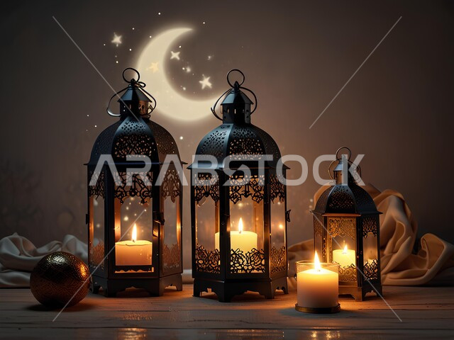 البهجة بقدوم رمضان المبارك, زينة واكسسوارات شهر الخير, فوانيس معدنية مزخرفة مضيئة, الأجواء الرمضانية الروحانية, مصابيح وأنوار عربية تقليدية, الاحتفال بالمناسبات الدينية الإسلامية