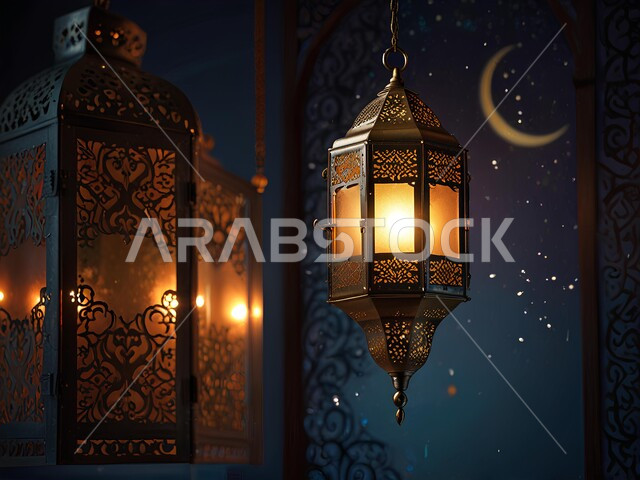الاحتفال بالمناسبات الدينية الإسلامية, البهجة بقدوم رمضان المبارك, زينة واكسسوارات شهر الخير, فوانيس معدنية مزخرفة مضيئة, الأجواء الرمضانية الروحانية, مصابيح وأنوار عربية تقليدية