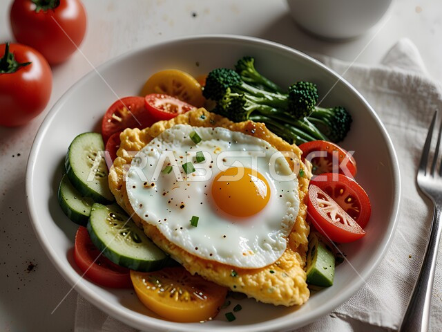 وجبة فطور صباحية صحية وسريعة, صورة مقربة لطبق البيض المقلي مع الخضار, فنون تقديم الطعام في مطاعم المملكة العربية السعودية, أغذية ذات قيمة غذائية عالية, وجبات ومأكولات مغذية, الاومليت اللذيذ المليء بالبروتينات