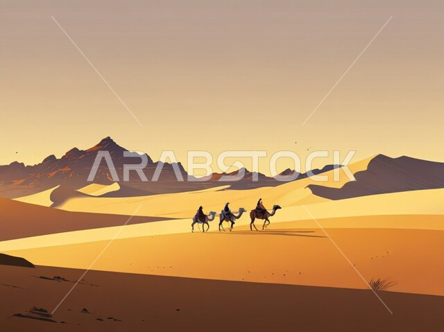 The concept of raising livestock in nature reserves, illustrations of a group of camels walking among soft sand dunes during the day, the vast spaces and lands in the desert of the Arabian Peninsula in Saudi Arabia, interest in caring for mammals in deserts