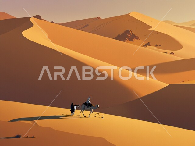 الاهتمام برعاية الثديات في الصحاري, المساحات والأراضي الواسعة في صحراء شبه الجزيرة العربية في السعودية, مفهوم تربية المواشي في المحميات الطبيعية, رسوم توضيحية لجمل يسير وسط الكثبان الرملية الناعمة في النهار