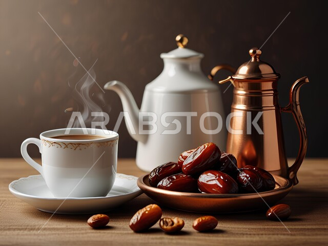 المنتجات المحلية الوطنية، ابريق قهوة عربية نحاسي وطبق من التمر الشهي على طاولة، الاستمتاع بالمشروبات الساخنة، ضيافة عربية تقليدية, جودة المحاصيل الزراعية في المملكة العربية السعودية