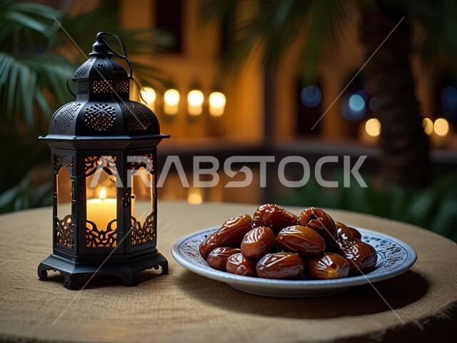 Traditional Arabic hospitality, healthy and delicious types of dates, local national products, quality of agricultural crops in Saudi Arabia, spiritual Ramadan atmosphere, plate of sugar dates next to a decorated metal lantern illuminated on a wooden table, a meal with high nutritional value