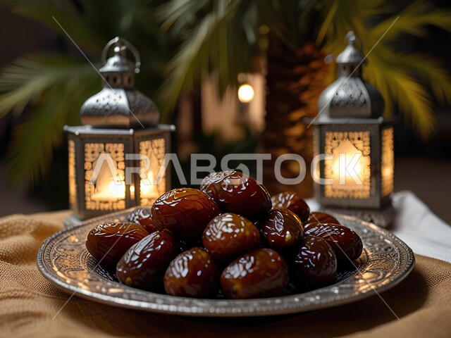وجبة ذات قيمة غذائية عالية، ضيافة عربية تقليدية، أنواع من التمور الصحية واللذيذة, المنتجات المحلية الوطنية, جودة المحاصيل الزراعية في المملكة العربية السعودية, الأجواء الرمضانية الروحانية, طبق من حبات التمر السكري بجانب فانوس معدني مزخرف مضيء على طاولة خشبية