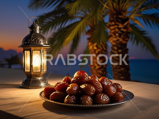 طبق من حبات التمر السكري بجانب فانوس معدني مزخرف مضيء على طاولة خشبية، وجبة ذات قيمة غذائية عالية، ضيافة عربية تقليدية، أنواع من التمور الصحية واللذيذة, المنتجات المحلية الوطنية, جودة المحاصيل الزراعية في المملكة العربية السعودية, الأجواء الرمضانية الروحانية