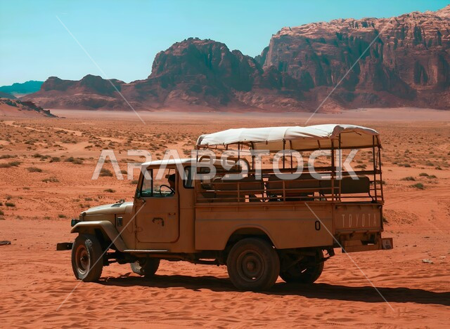 الكثبان والتلال الرملية في المناطق الصحراوية، التشكيلات والتكوينات الصخرية، مغامرات ورحلات السفاري في الصحاري الواسعة، سيارة تويوتا لنقل السياح والزوار وسط الصحراء العربية، التضاريس القاسية والطبيعة الجبلية، الرمال الذهبية اللامعة في النهار