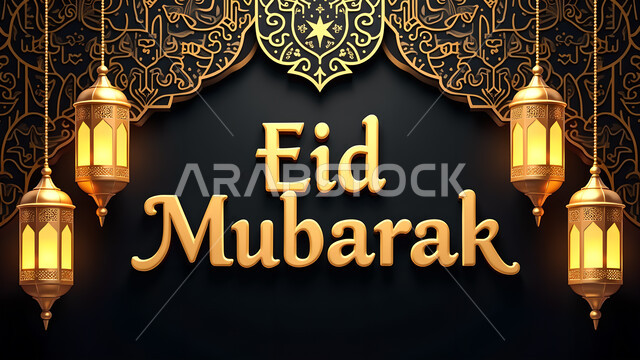 قالب تصميم للتهنئة بقدوم العيد, الاحتفال بالمناسبات الدينية الإسلامية, زينة واكسسوارات وديكورات عربية شعبية, فوانيس تقليدية معدنية مزخرفة مضيئة, مخطوطة عيد مبارك باللغة الإنجليزية