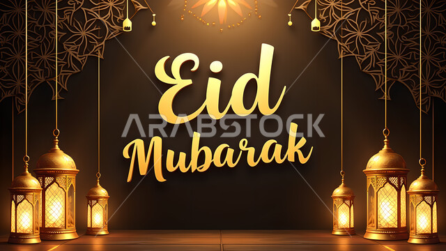 الاحتفال بالمناسبات الدينية الإسلامية, زينة واكسسوارات وديكورات عربية شعبية, قالب تصميم للتهنئة بقدوم العيد, فوانيس تقليدية معدنية مزخرفة مضيئة, مخطوطة عيد مبارك باللغة الإنجليزية