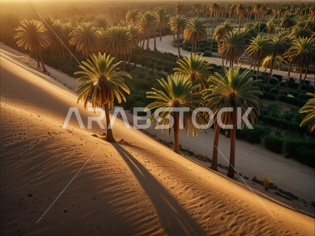 محمية طبيعية لزراعة النخل في النهار، حقول وأراضي زراعية، مزارع النخيل في المملكة العربية السعودية، منتجات عربية محلية وطنية، محصول التمر والرطب السعودي، الاهتمام بالاشجار والنباتات الخضراء المثمرة