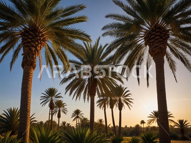 حقول وأراضي زراعية، محمية طبيعية لزراعة النخل في النهار، مزارع النخيل في المملكة العربية السعودية، منتجات عربية محلية وطنية، محصول التمر والرطب السعودي، الاهتمام بالاشجار والنباتات الخضراء المثمرة