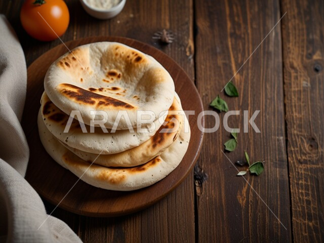 مخابز المملكة العربية السعودية, وجبات الفطور الصحي اللذيذ, خبز النان الطازج المخبوز مع الخضراوات على لوح خشبي, المأكولات العربية الشعبية, المنتجات الوطنية المحلية, المخبوزات الساخنة الشهية
