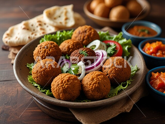 المأكولات العربية الشرقية، طبق من أقراص الفلافل المقرمشة مع الخضروات الطازجة، الوجبات الشعبية الشهية، فنون تقديم الطعام في المطاعم العربية التقليدية في المملكة العربية السعودية، أطعمة غنية بالحبوب والبروتينات