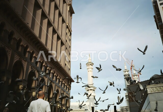 طيور الحمام تحلق في الفناء الخارجي للحرم المكي الشريف، أداء مناسك الحج والعمرة في مكة المكرمة، توافد الحجاج إلى المسجد الحرام، الاجتهاد في العبادة والتقرب إلى الله، أماكن دينية إسلامية مقدسة في المملكة العربية السعودية