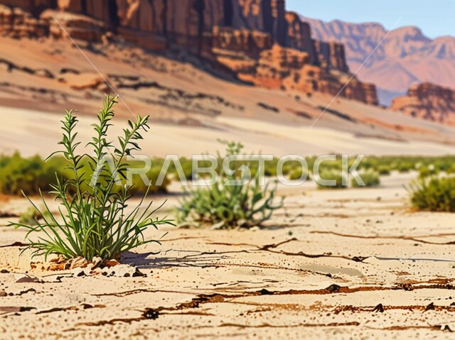  التكوينات والتشكيلات الصخرية في المملكة العربية السعودية، المناظر الطبيعية في المناطق الصحراوية وقت النهار، نمو النباتات البرية والشوكية في الصحراء، التضاريس والنحت الصخري في القمم الجبلية المرتفعة, البيئة والطبيعة الجافة والقاسية