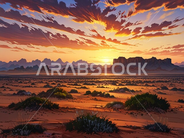 التكوينات والتشكيلات الصخرية في المملكة العربية السعودية، منظر السماء المليئة بالغيوم عند غروب الشمس، نمو النباتات البرية والشوكية في الصحراء، المناظر الطبيعية في المناطق الصحراوية، البيئة والطبيعة الجافة والقاسية