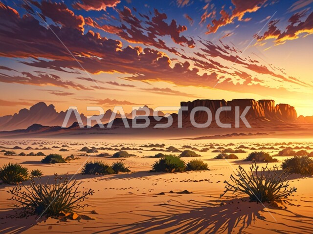 منظر السماء المليئة بالغيوم عند غروب الشمس، نمو النباتات البرية والشوكية في الصحراء، المناظر الطبيعية في المناطق الصحراوية، التكوينات والتشكيلات الصخرية في المملكة العربية السعودية، البيئة والطبيعة الجافة والقاسية