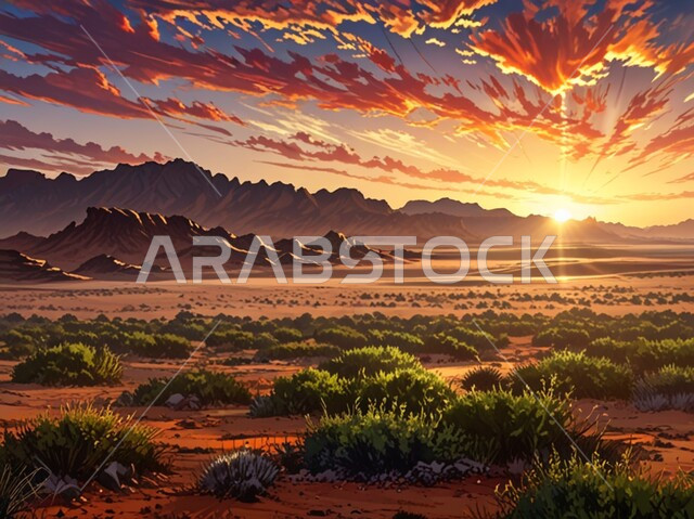 المناظر الطبيعية في المناطق الصحراوية، منظر السماء المليئة بالغيوم عند غروب الشمس، نمو النباتات البرية والشوكية في الصحراء، التكوينات والتشكيلات الصخرية في المملكة العربية السعودية، البيئة والطبيعة الجافة والقاسية