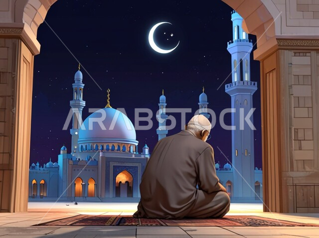 أداء الصلوات والعبادات والطاعات، صورة من الخلف لرجل عربي خليجي سعودي يرتدي الثوب التقليدي يجلس داخل المسجد، الفن الهندسي المعماري الحديث للمساجد في المملكة العربية السعودية، مفهوم العبادة والتقرب إلى الله تعالى، الديكورات والتصاميم العصرية للمآذن والقبب