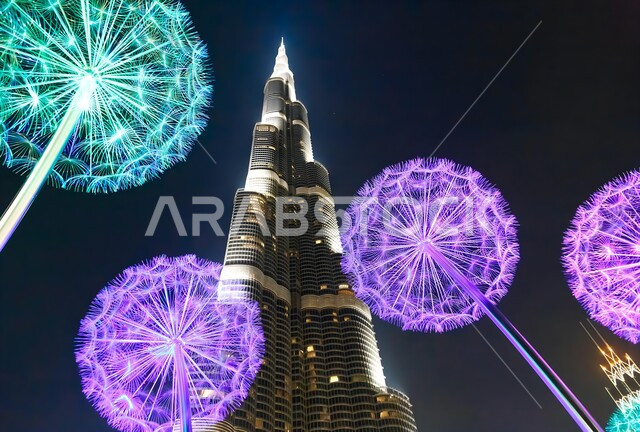 Attracting and attracting tourists from all over the world, the architectural art of building towers and skyscrapers, famous tourist places in the United Arab Emirates, tall buildings and facilities, a close-up image from below of the illuminated Burj Khalifa at night in the city of Dubai