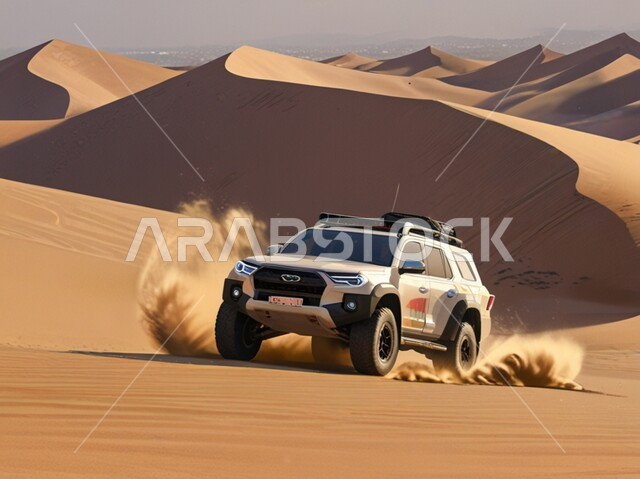 الاستمتاع بممارسة الهوايات والأنشطة الترفيهية في صحاري المملكة العربية السعودية، مغامرة شيقة في البيئة الصحراوية, قيادة سيارة الدفع الرباعي تويوتا وسط الصحراء، نشاط صحراوي ممتع، مغامرات سفاري على الكثبان الرملية