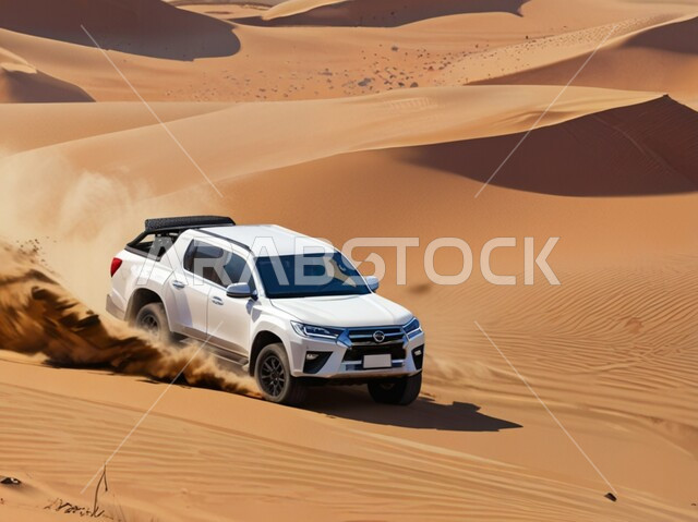 Driving a Toyota Hilux SUV in the middle of the desert, a fun desert activity, an exciting adventure in the desert environment, safari adventures on the sand dunes, enjoying hobbies and recreational activities in the deserts of the Kingdom of Saudi Arabia