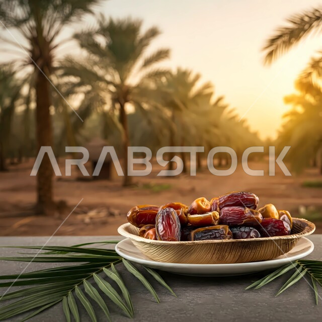 محاصيل ومنتجات زراعية محلية وطنية، طبق ملييء بحبات الرطب الطازجة، وجبة ذات قيمة غذائية عالية، تمر سكري صحي، ضيافة رمضانية لذيذة، خلفية أشجار النخيل في حقول ومزارع المملكة العربية السعودية، الاعتماد على الانتاج الوطني