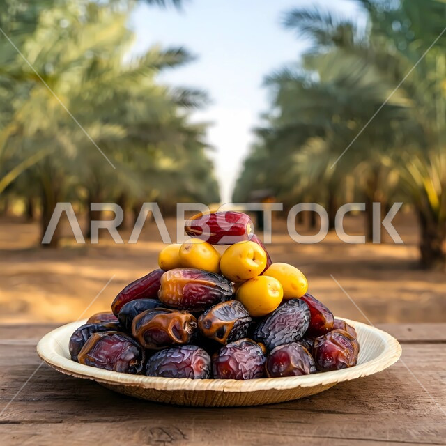 محاصيل ومنتجات زراعية محلية وطنية، طبق ملييء بحبات الرطب الطازجة، وجبة ذات قيمة غذائية عالية، تمر سكري صحي، ضيافة رمضانية لذيذة، خلفية أشجار النخيل في حقول ومزارع المملكة العربية السعودية، الاعتماد على الانتاج الوطني