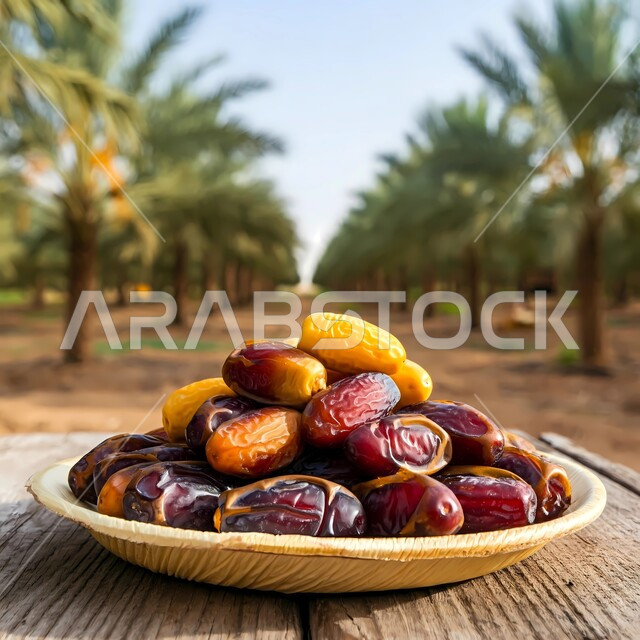 محاصيل ومنتجات زراعية محلية وطنية، طبق ملييء بحبات الرطب الطازجة، وجبة ذات قيمة غذائية عالية، تمر سكري صحي، ضيافة رمضانية لذيذة، خلفية أشجار النخيل في حقول ومزارع المملكة العربية السعودية، الاعتماد على الانتاج الوطني