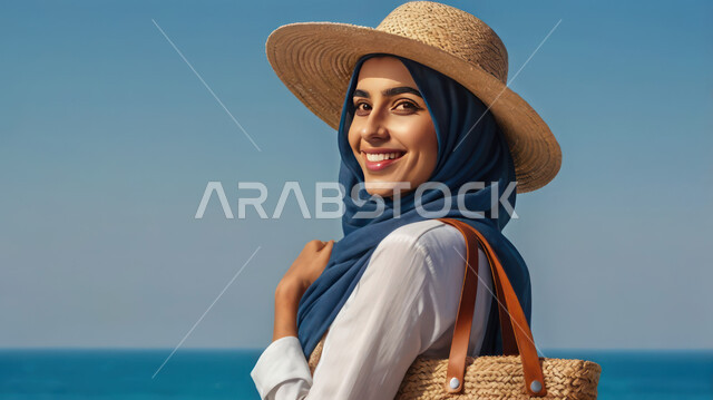 قضاء أوقات الفراغ في العطله الصيفيه أمام البحر، شابة عربية خليجية سعودية محجبة ترتدي الزي الكاجوال وقبعة من القش وتنظر إلى الكاميرا بإيماءات السعادة والسرور، الترفيه عن النفس بالسياحة والسفر، زيارة المناطق الساحلية والشواطئ الرملية